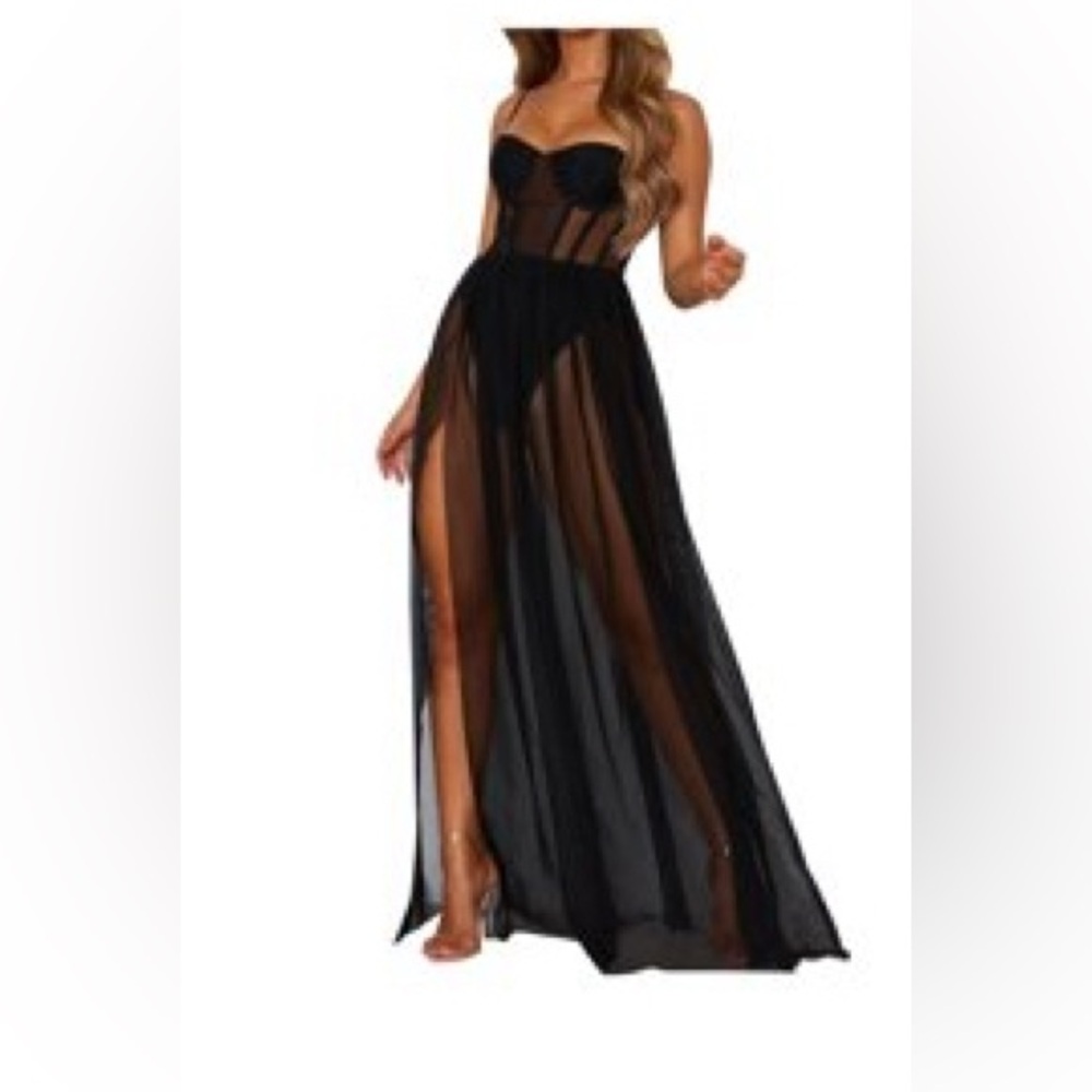 Elegant Black Sheer Maxi Dress/Lingerie